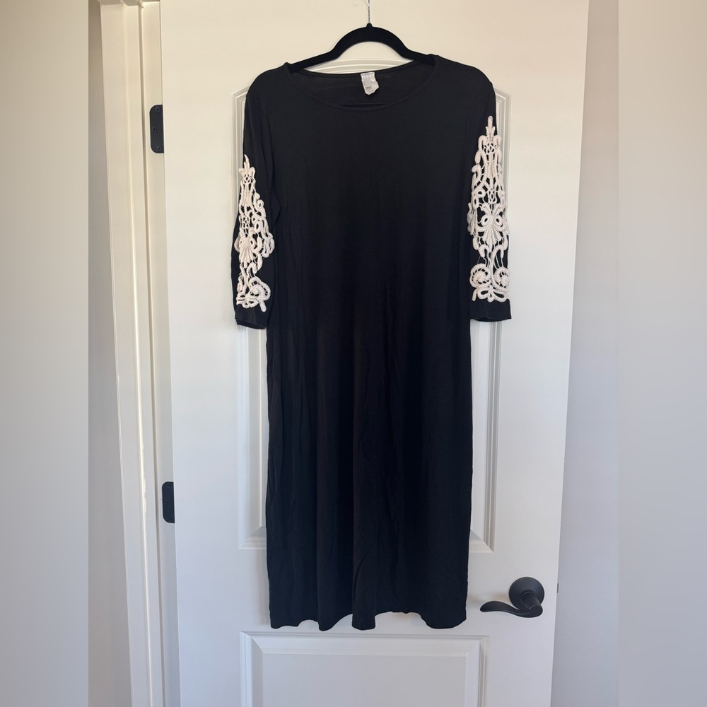 Pink blush maternity black dress with lace sleeve detail